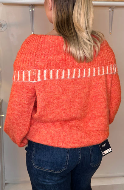 Stripe detail bardot coral soft wool mix jumper