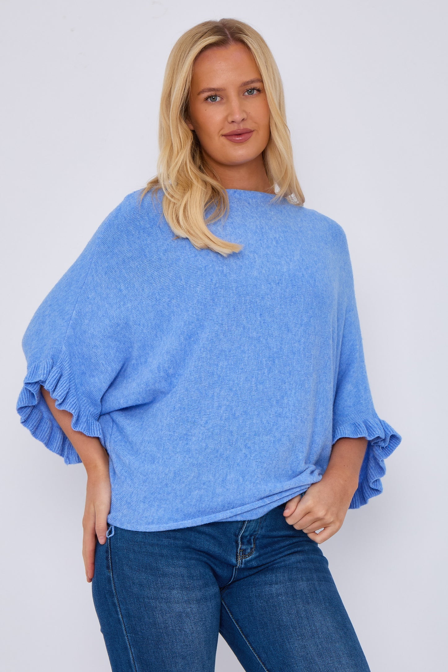 Beautiful Batwing soft jumper with cute ruffle sleeve detail - cornflower blue