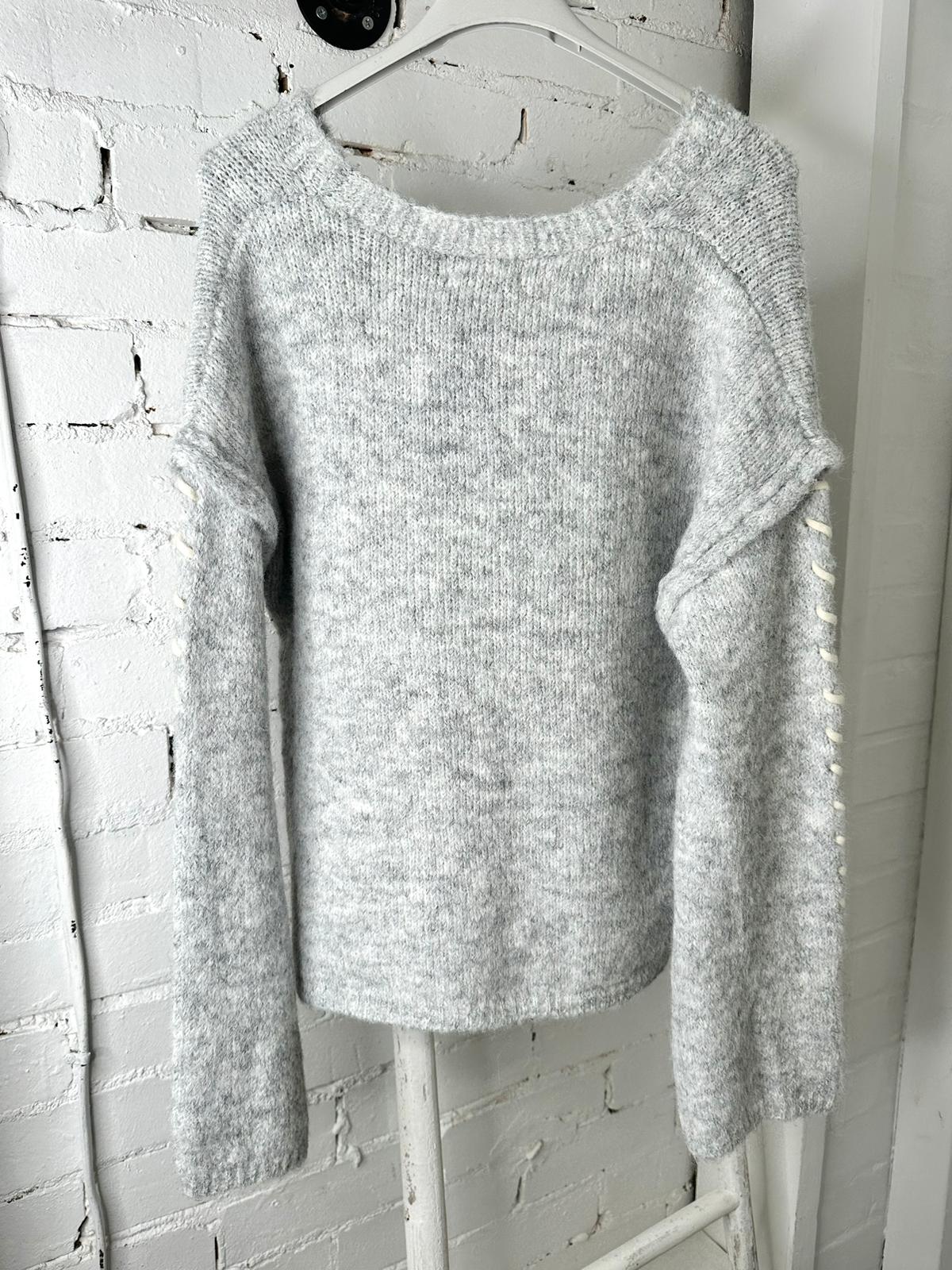 Grey soft jumper with cream and pearl flower embroidery