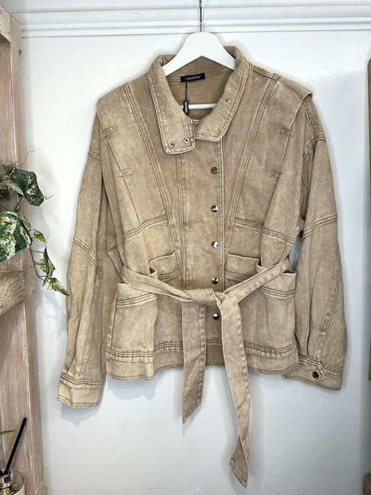 Washed beige canvas denim jacket with tie belt