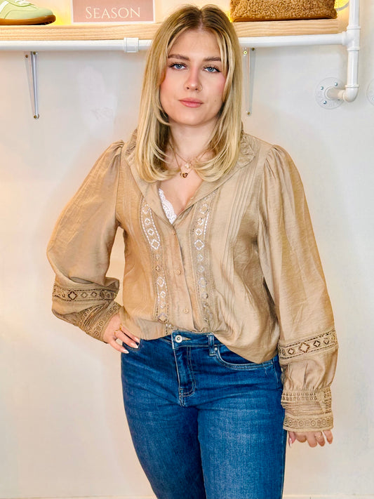 Soft taupe ruffle collar lace embroidery blouse