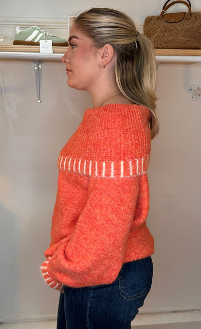 Stripe detail bardot coral soft wool mix jumper