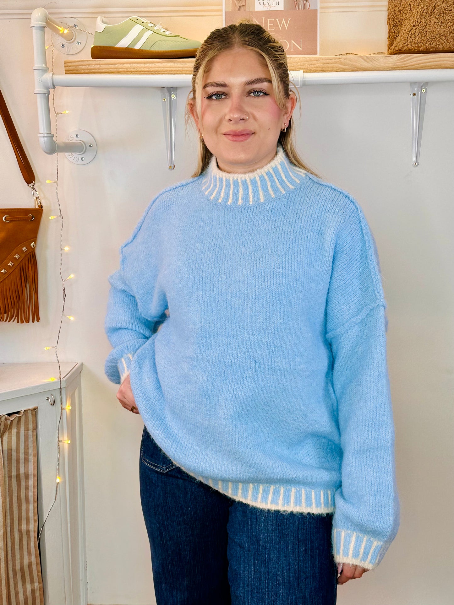 Stripe detail light blue soft wool mix jumper