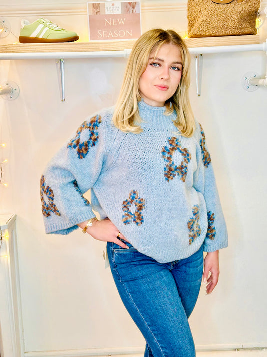 Super snuggly french blue chunky floral print lana wool mix jumper