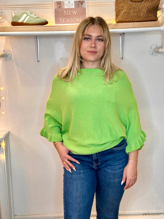 Beautiful Batwing soft jumper with cute ruffle sleeve detail - apple green