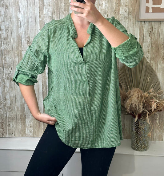 Stripes and Style Cotton Blouse Green