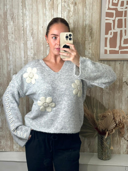 Grey soft jumper with cream and pearl flower embroidery