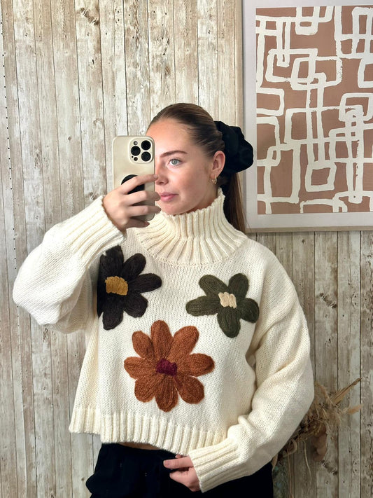 Cream high neck chunky knit jumper with flower embroidery