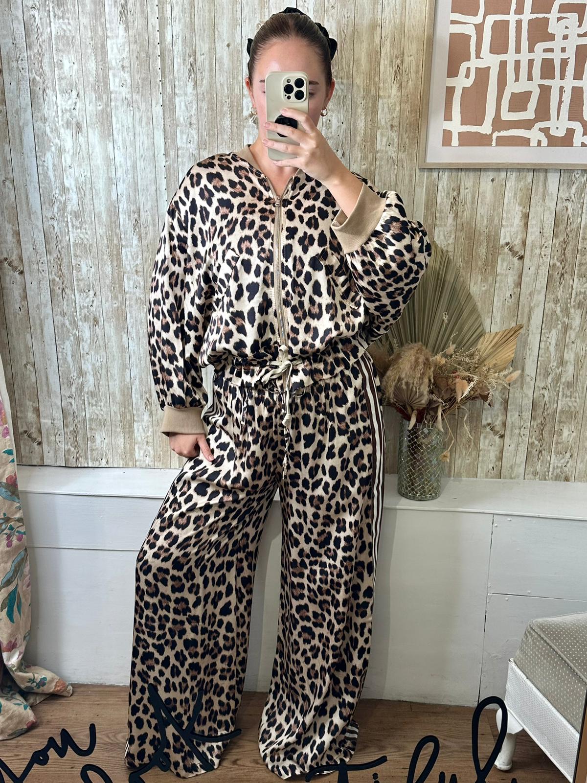 Leopard silky side stripe trousers