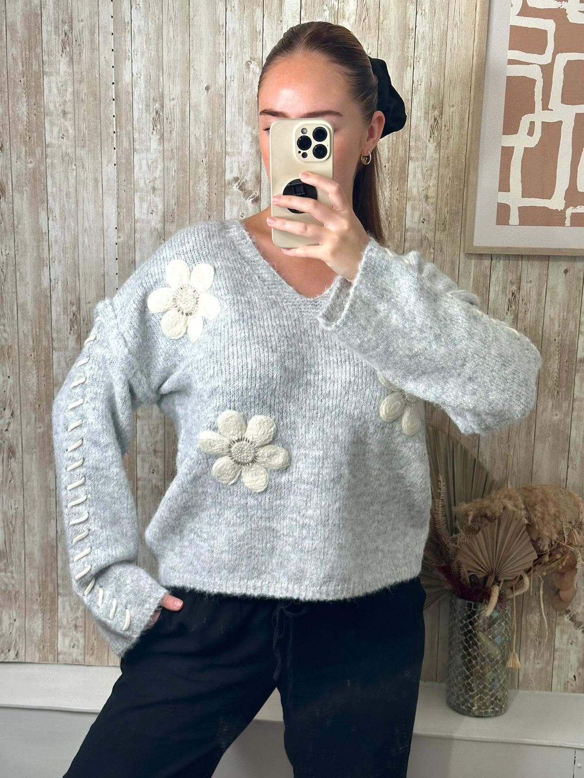 Grey soft jumper with cream and pearl flower embroidery