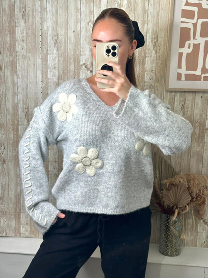 Grey soft jumper with cream and pearl flower embroidery