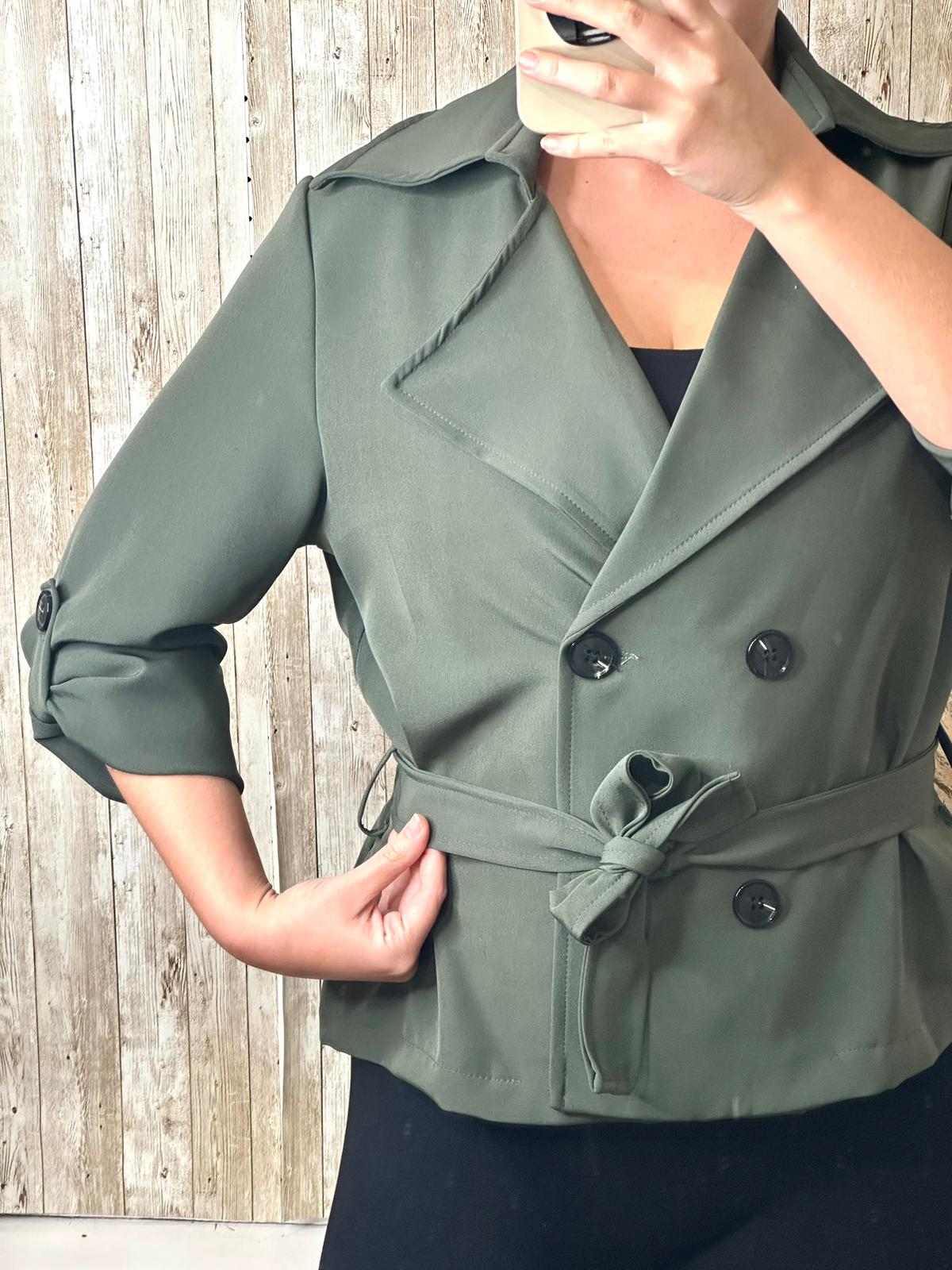 Cropped Trench Mac style blazer with tie belt (khaki)