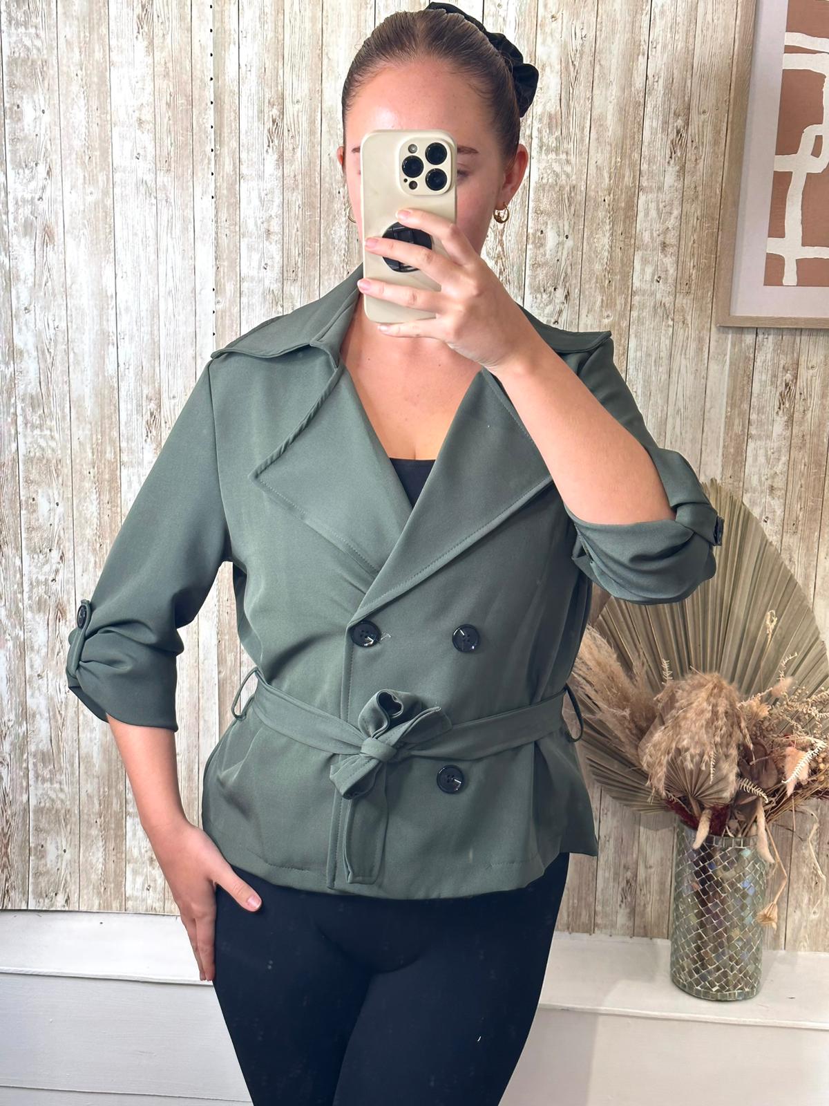 Cropped Trench Mac style blazer with tie belt (khaki)