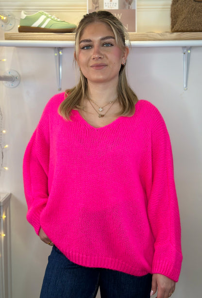 Super soft neon pink mohair and lana wool slouchy fit jumper