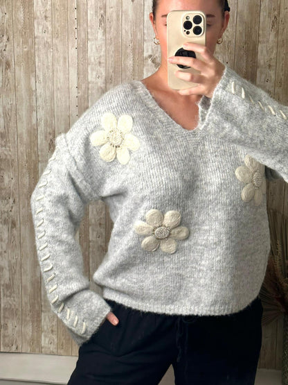 Grey soft jumper with cream and pearl flower embroidery