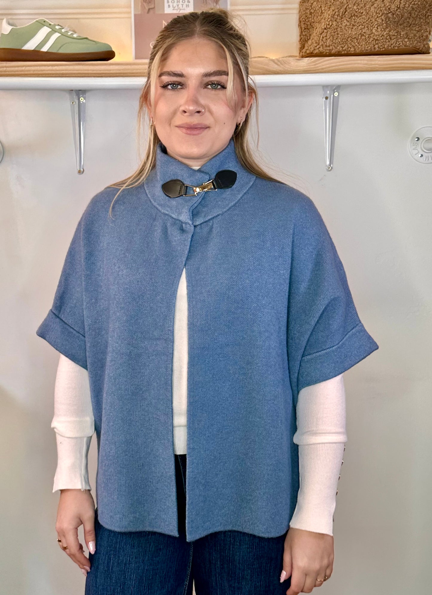 Perfect clasp neck knit poncho - denim blue