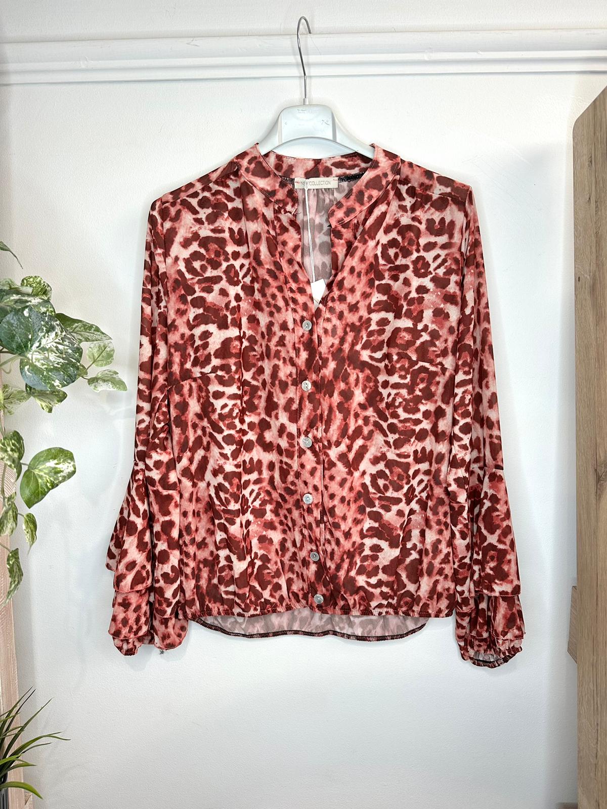 Leopard Sheer Blouse Red Wine