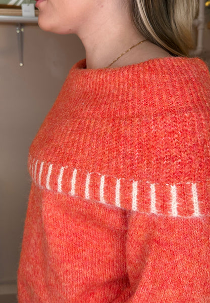 Stripe detail bardot coral soft wool mix jumper