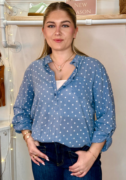 Stars and Style Sheer Blouse Denim Blue