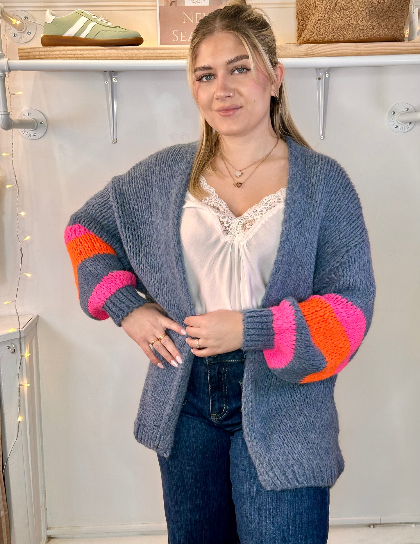 Denim blue chunky cardigan with neon stripe detail to sleeve