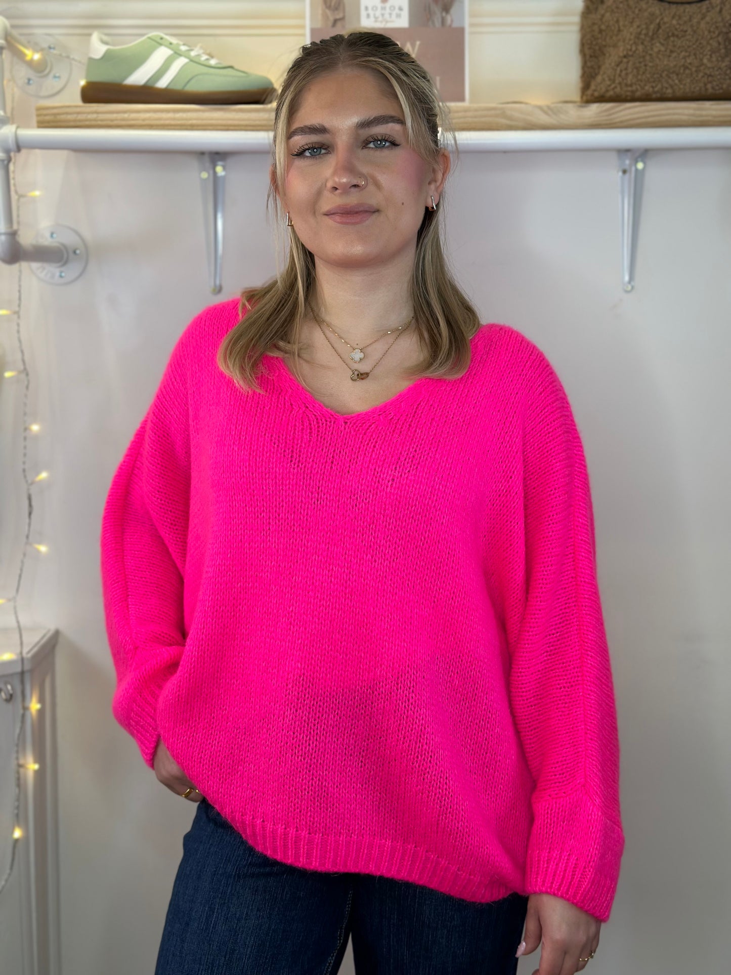 Super soft neon pink mohair and lana wool slouchy fit jumper