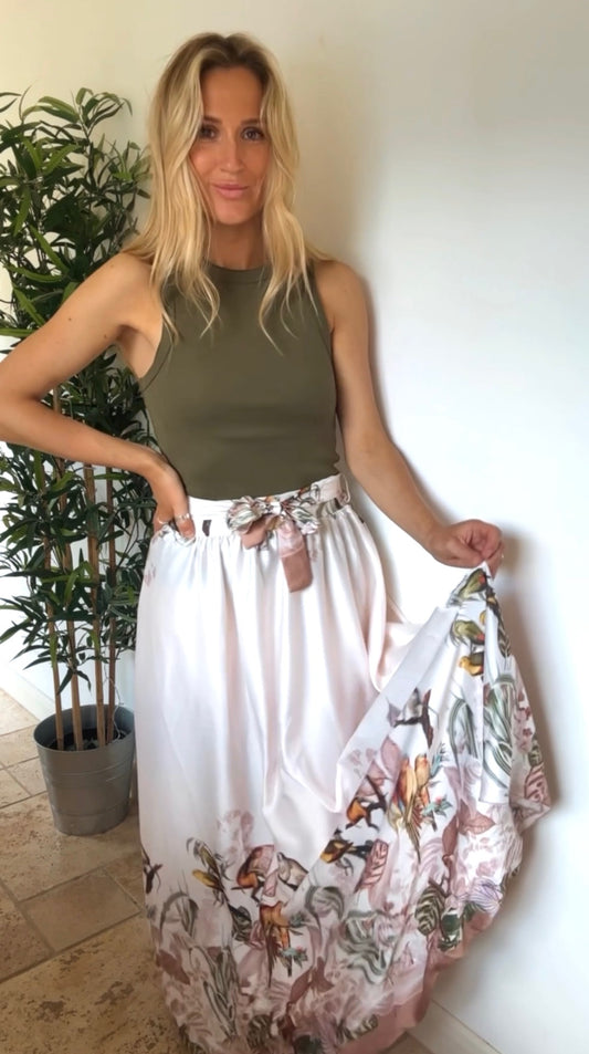 Silky jungle print maxi skirt with tie waist detail