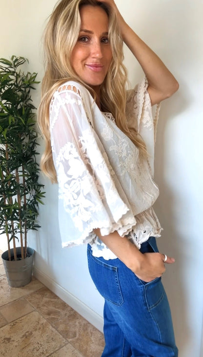 Pretty ivory crochet and lace batwing top