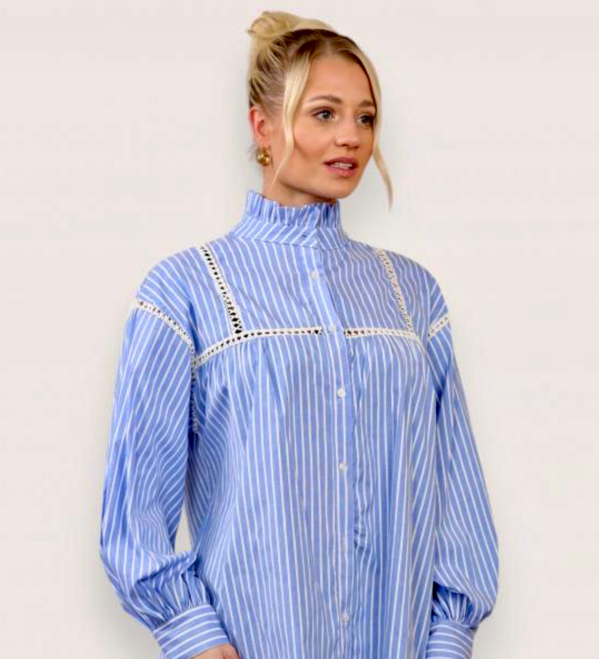 Blue stripe ruffle collar, embroidery detail balloon sleeve 100% cotton shirt