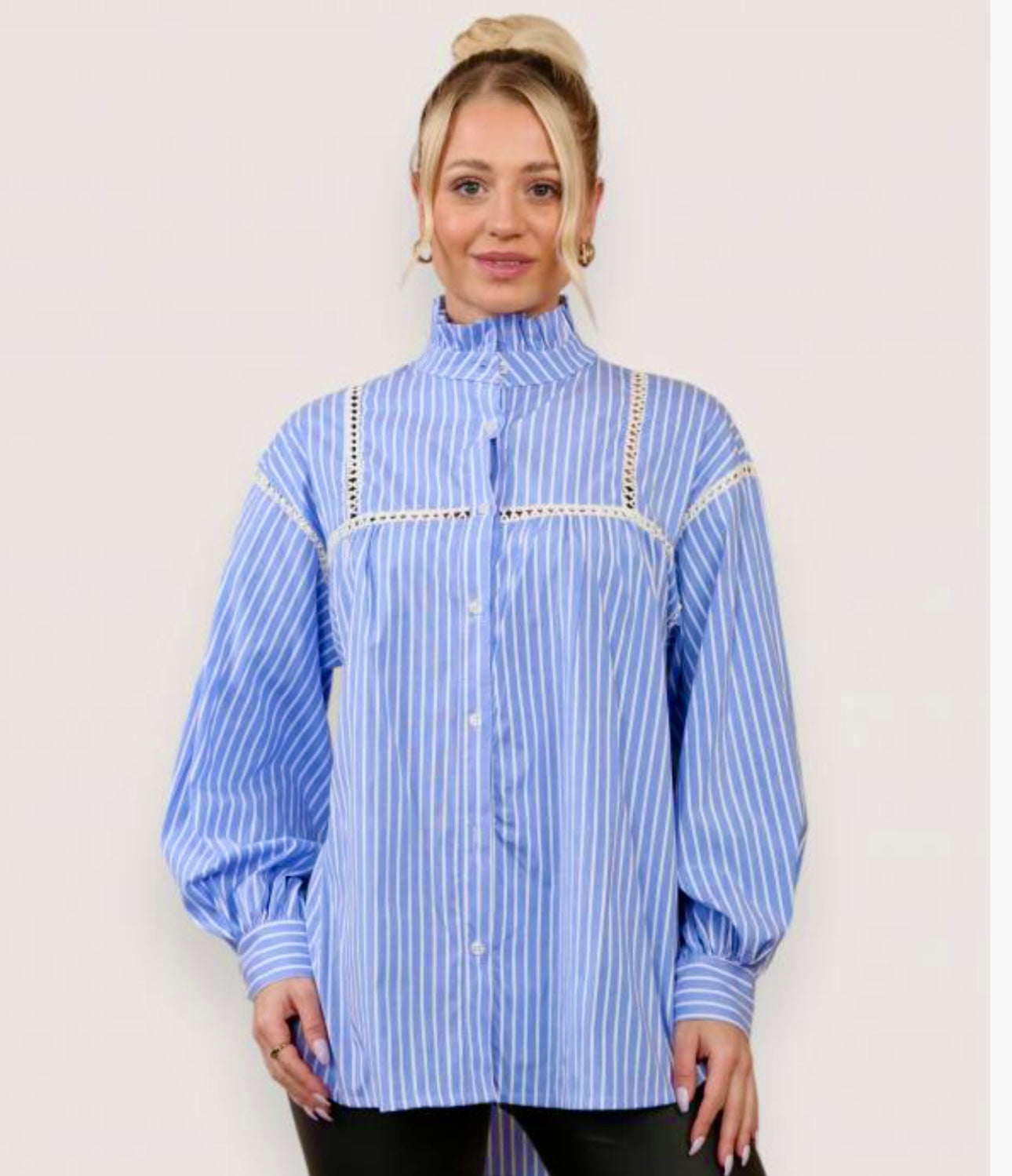 Blue stripe ruffle collar, embroidery detail balloon sleeve 100% cotton shirt