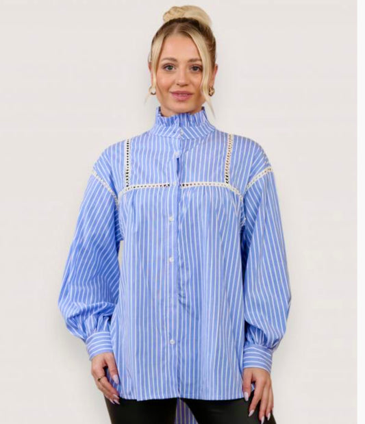 Blue stripe ruffle collar, embroidery detail balloon sleeve 100% cotton shirt