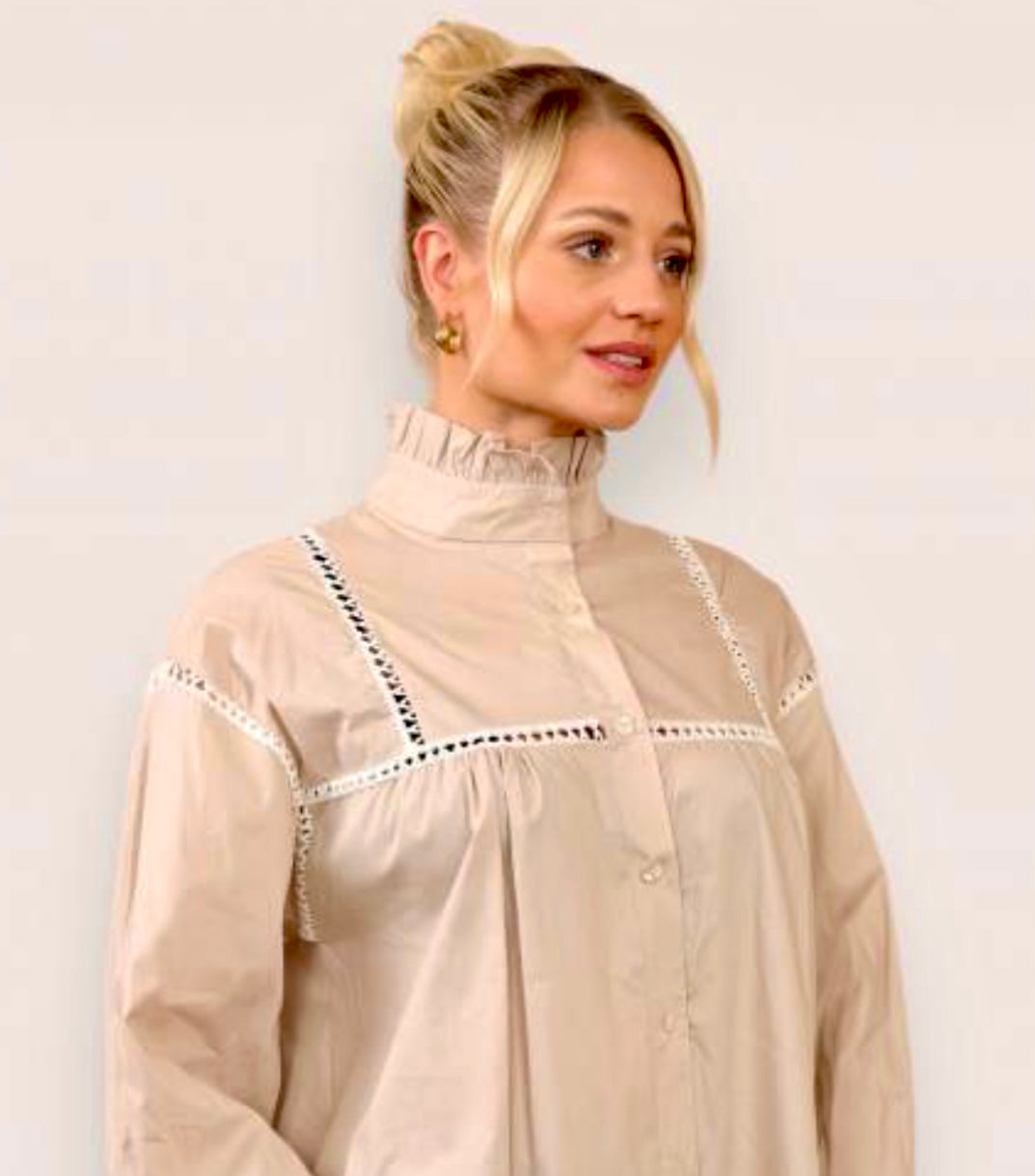 Beige ruffle collar, embroidery detail balloon sleeve 100% cotton shirt