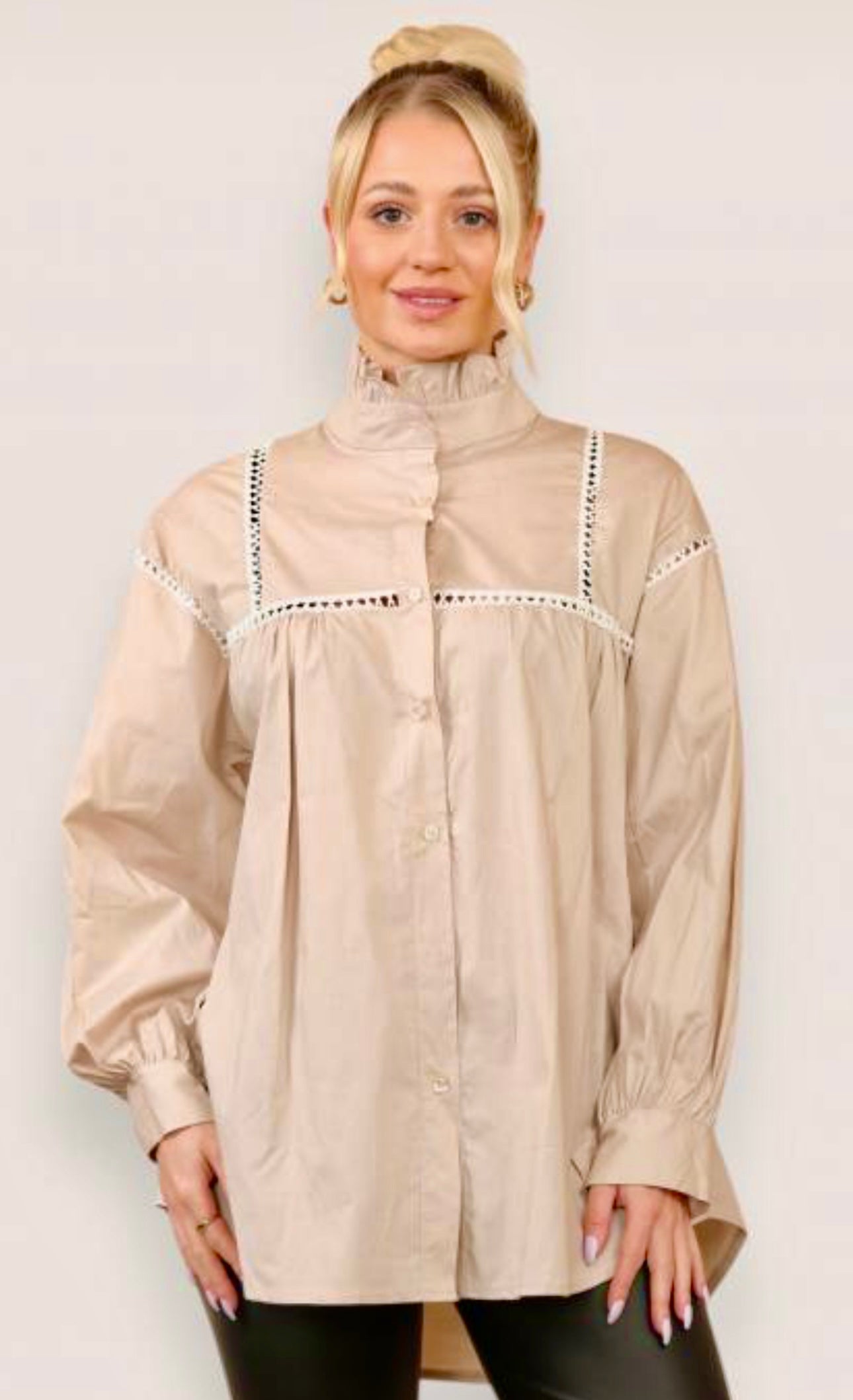 Beige ruffle collar, embroidery detail balloon sleeve 100% cotton shirt