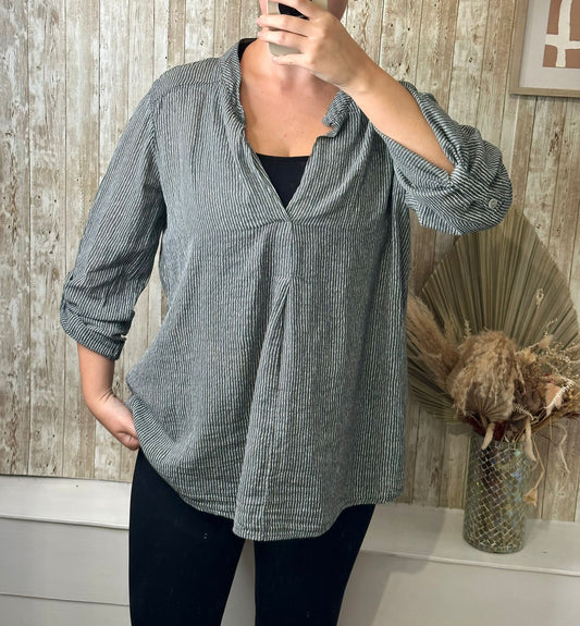 Stripes and Style Cotton Blouse Grey