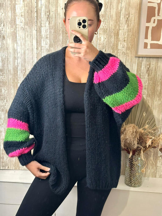 Navy chunky cardigan with neon stripe detail to sleeve