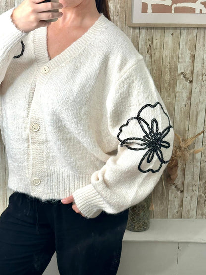 Beige soft cardigan with black flower sequin embroidery