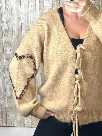 Beige and leopard heart detail cardigan