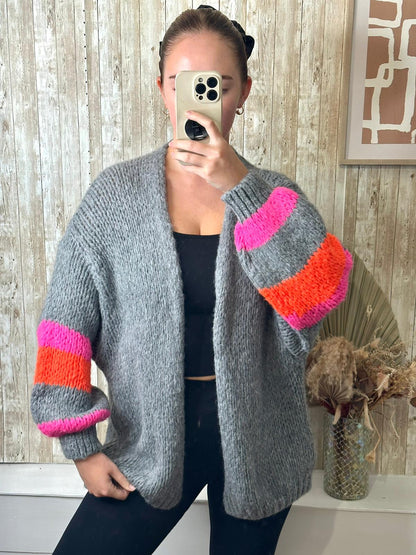 Grey chunky cardigan with neon stripe detail to sleeve