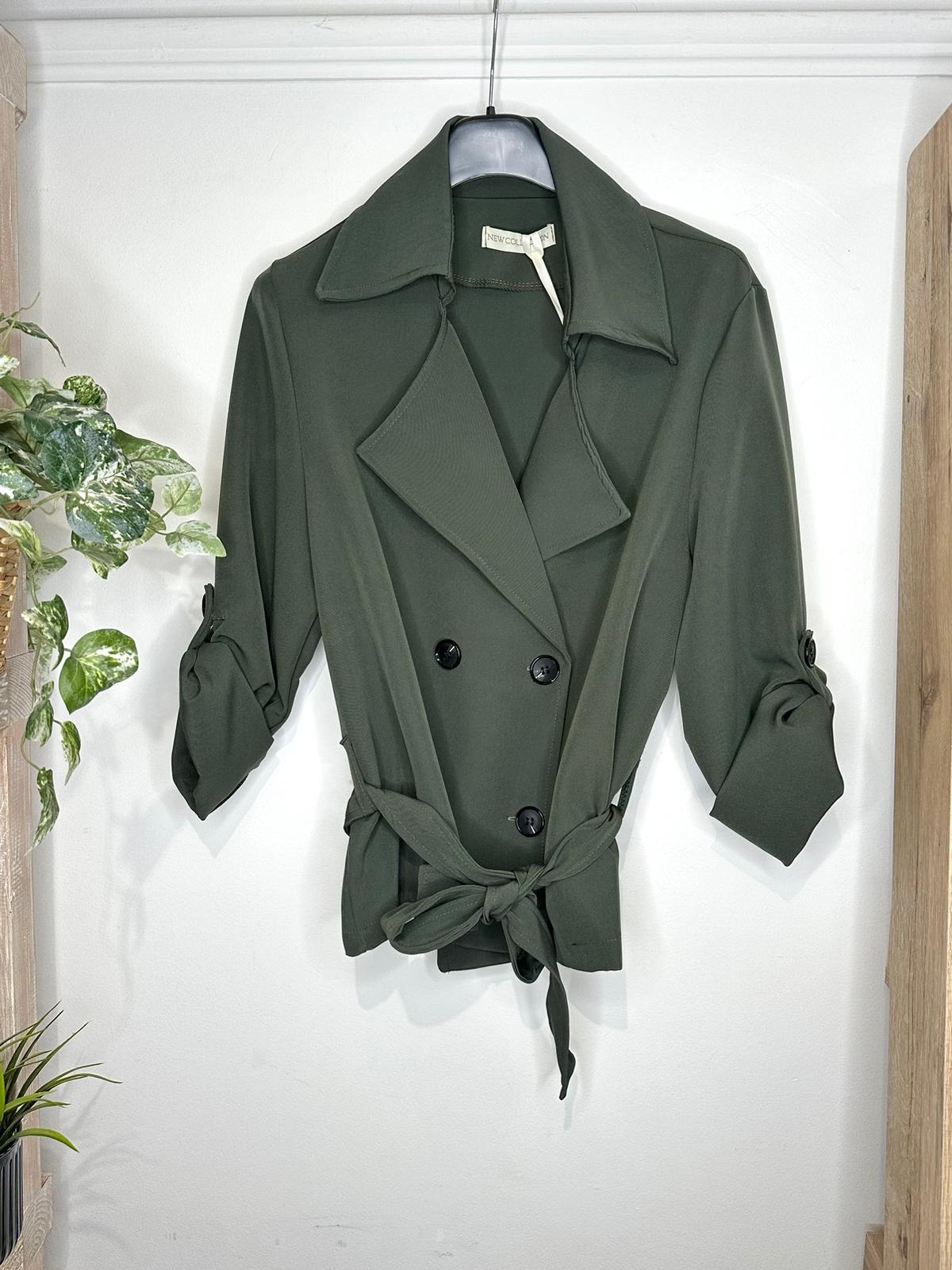 Cropped Trench Mac style blazer with tie belt (khaki)