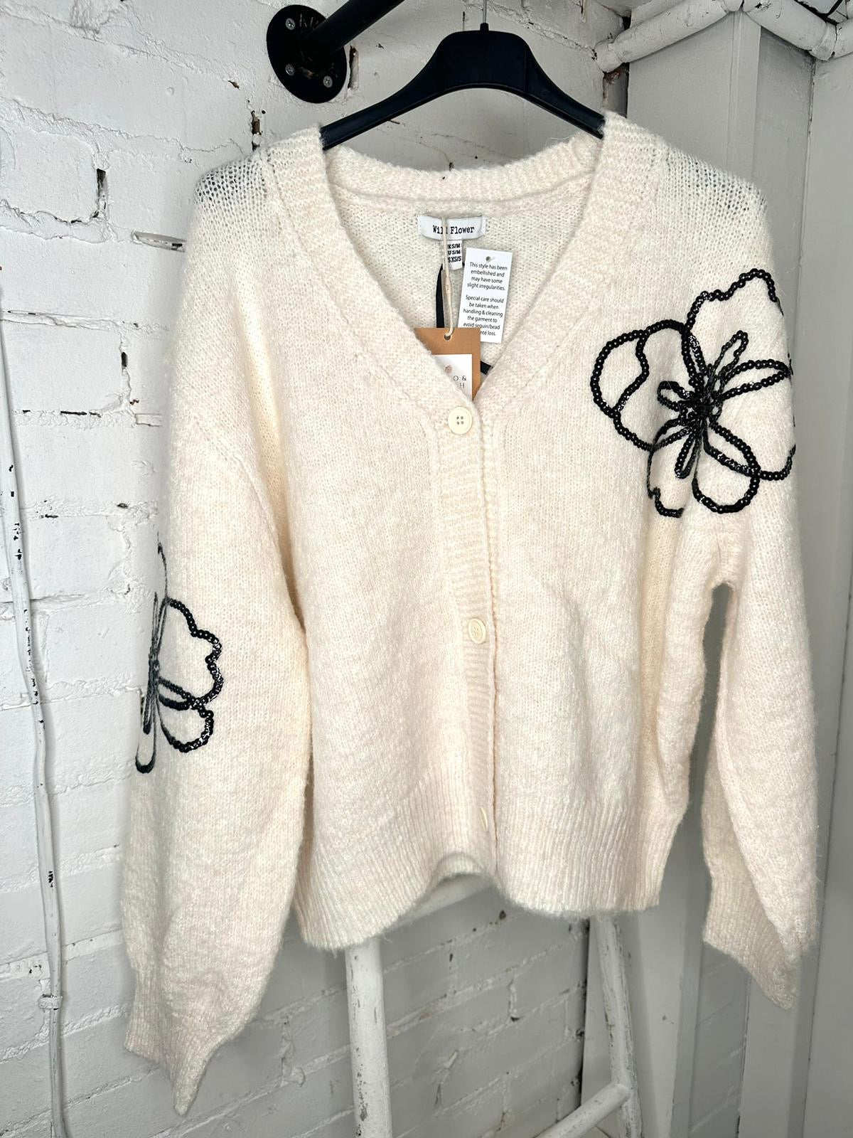 Beige soft cardigan with black flower sequin embroidery