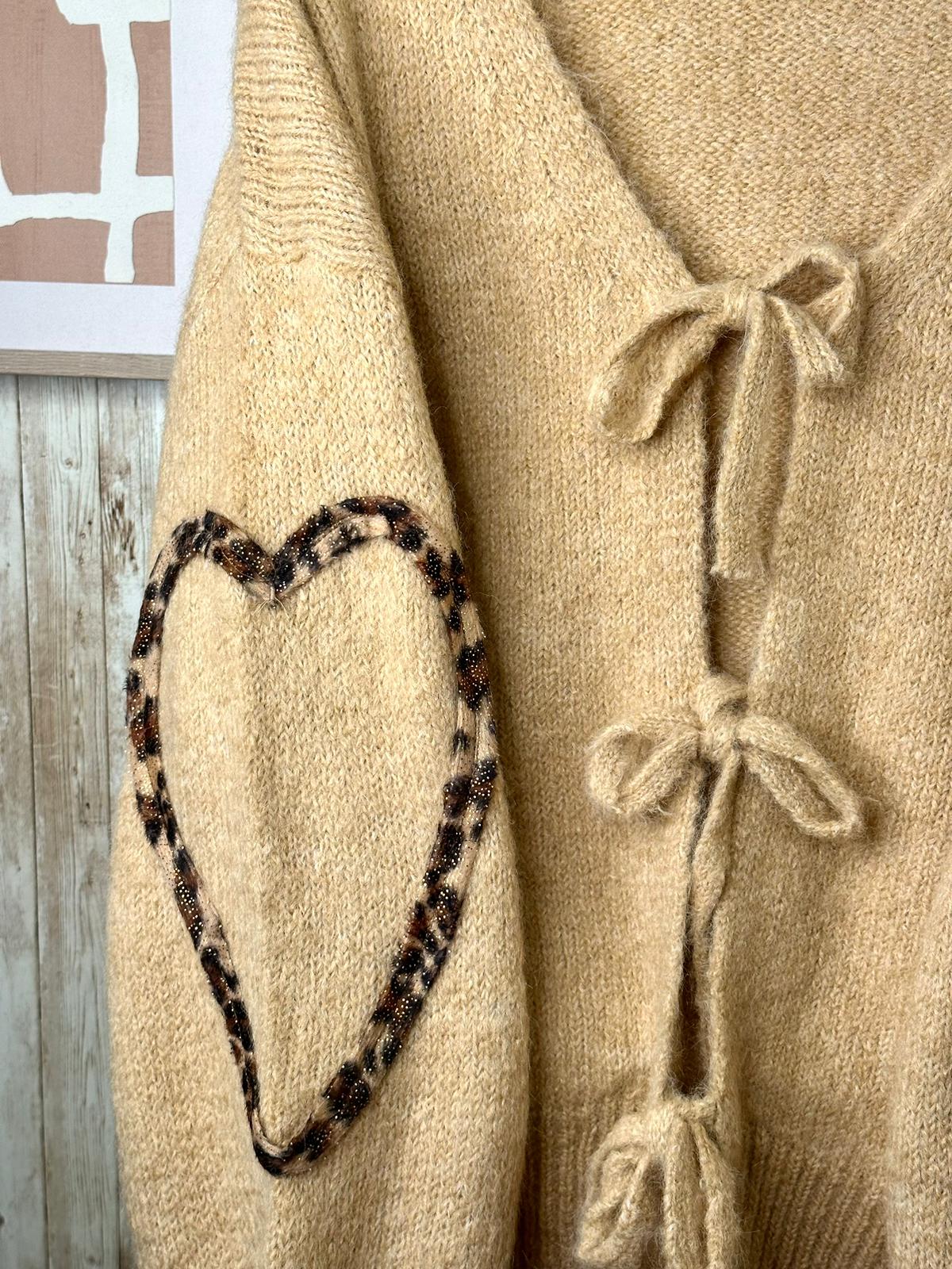 Beige and leopard heart detail cardigan