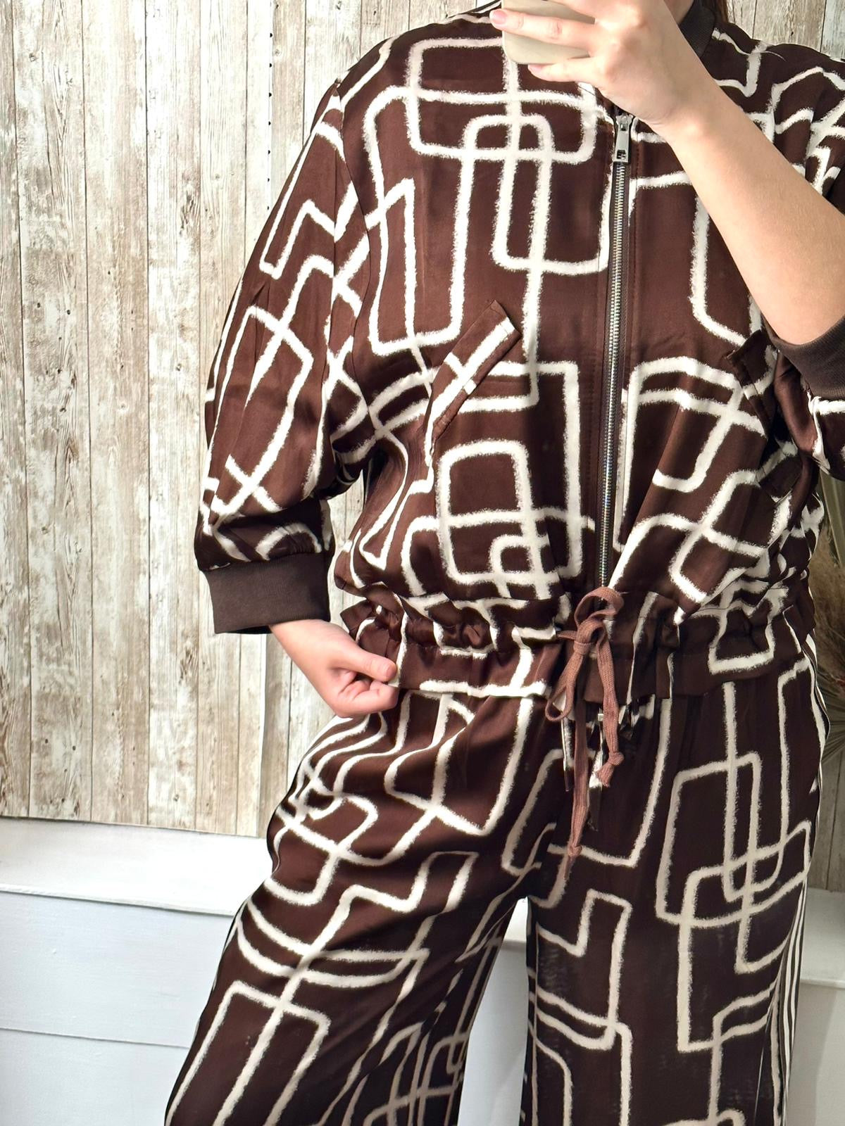 Brown and cream abstract design silky bomber jacket