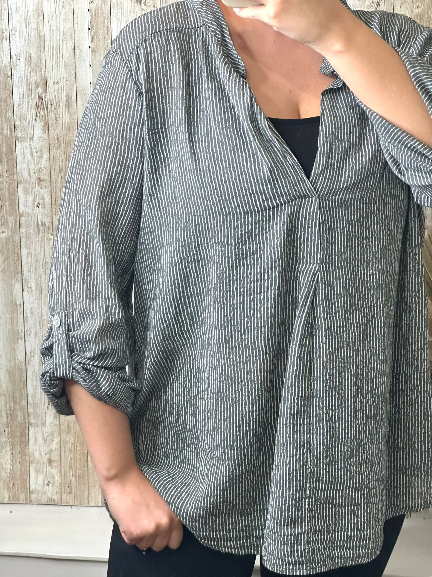 Stripes and Style Cotton Blouse Grey