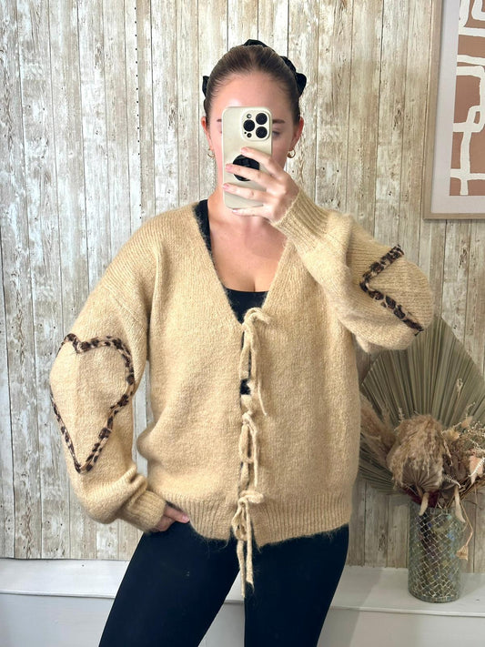 Beige and leopard heart detail cardigan