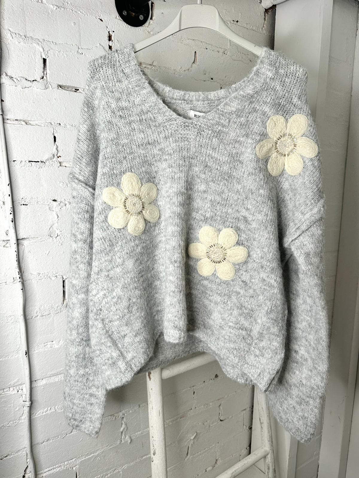 Grey soft jumper with cream and pearl flower embroidery