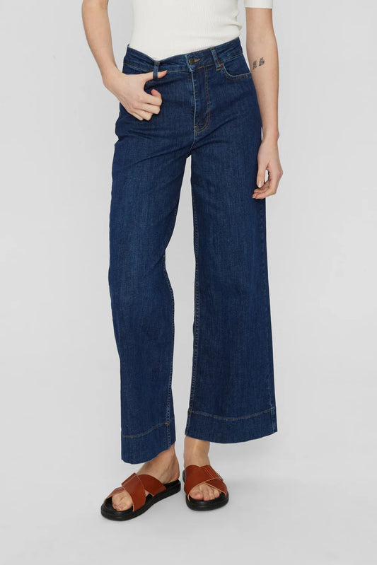 Numph Nuparis wide leg cropped jeans - dark blue denim